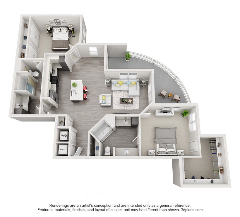 Floor plan for 2 beds, 2 baths, 1230 sqft